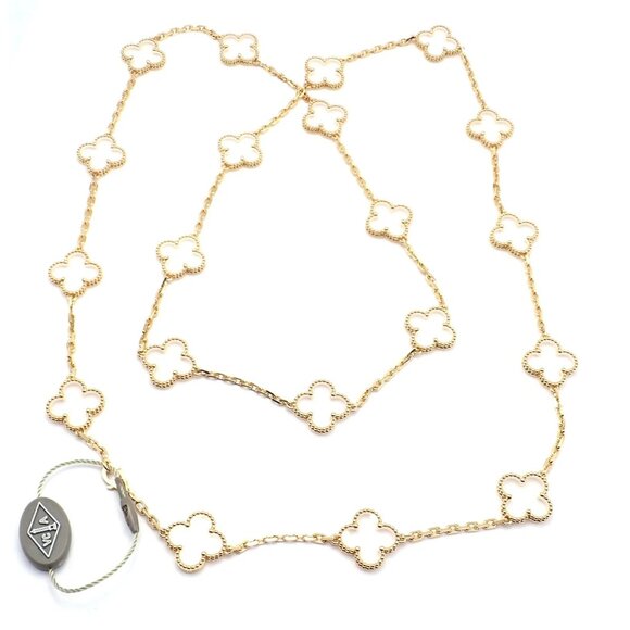 Van Cleef & Arpels 18k Yellow Gold 20 Motif Alhambra Rock Crystal Necklace Cert - Picture 4 of 13